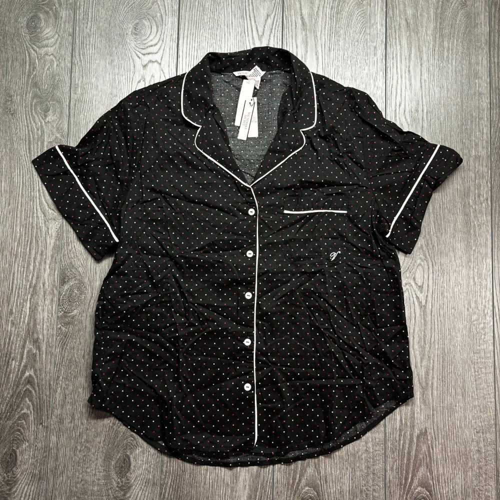 New Victoria's Secret Pajama Shirt Womens Medium Satin Polka Dot Button Up Top